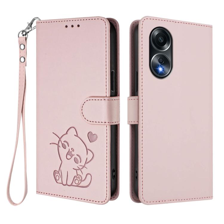 Embossed Heart Cat Leather Phone Case with Hand Strap, For OPPO A58 4G Global, For OPPO Reno10 / Reno10 Pro 5G Global, For OPPO A78 4G Global, For OPPO A98 5G / F23 5G India