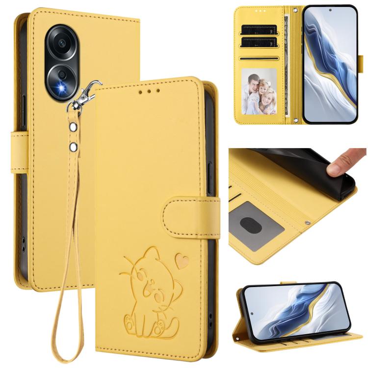 Embossed Heart Cat Leather Phone Case with Hand Strap, For OPPO A58 4G Global, For OPPO Reno10 / Reno10 Pro 5G Global, For OPPO A78 4G Global, For OPPO A98 5G / F23 5G India