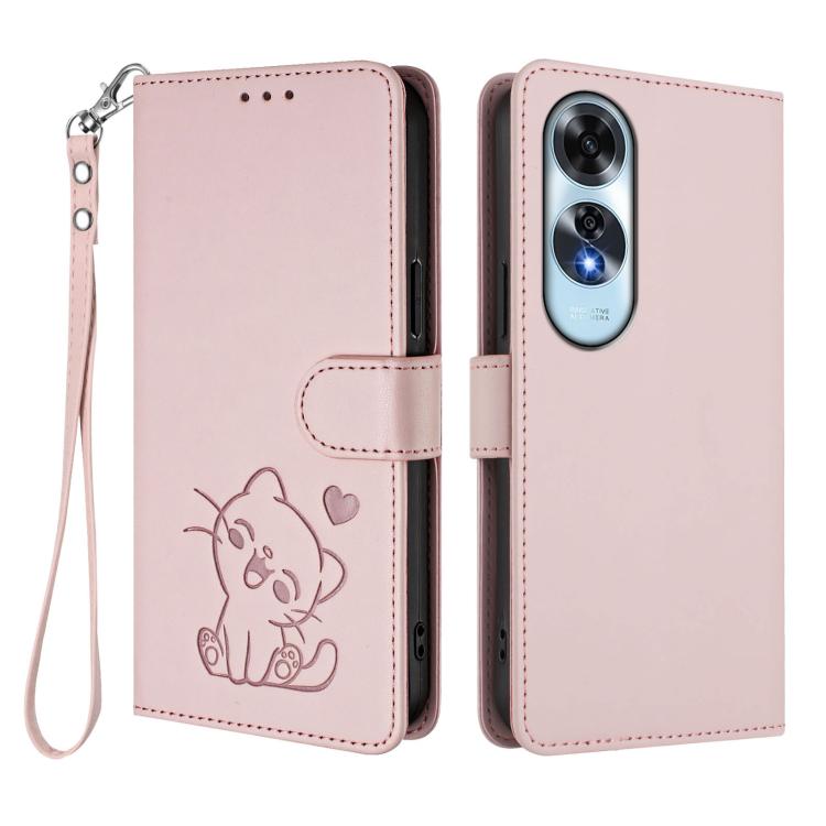 Embossed Heart Cat Leather Phone Case with Hand Strap, For OPPO A60 4G Global, For OPPO Reno11 F 5G Global, For OPPO Find X7, For OPPO Reno11 5G Global
