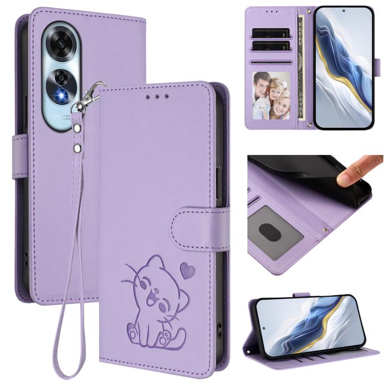 Embossed Heart Cat Leather Phone Case with Hand Strap, For OPPO A60 4G Global, For OPPO Reno11 F 5G Global, For OPPO Find X7, For OPPO Reno11 5G Global