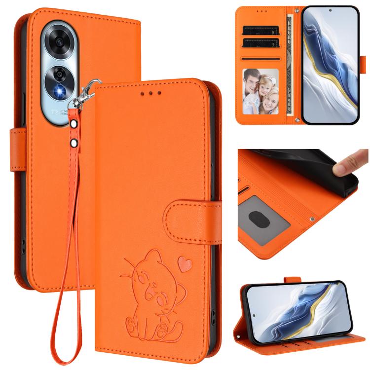 Embossed Heart Cat Leather Phone Case with Hand Strap, For OPPO A60 4G Global, For OPPO Reno11 F 5G Global, For OPPO Find X7, For OPPO Reno11 5G Global