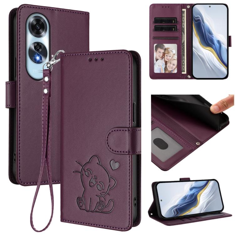 Embossed Heart Cat Leather Phone Case with Hand Strap, For OPPO A60 4G Global, For OPPO Reno11 F 5G Global, For OPPO Find X7, For OPPO Reno11 5G Global