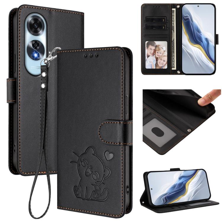 Embossed Heart Cat Leather Phone Case with Hand Strap, For OPPO A60 4G Global, For OPPO Reno11 F 5G Global, For OPPO Find X7, For OPPO Reno11 5G Global