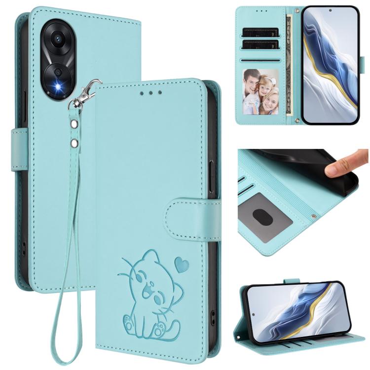 Embossed Heart Cat Leather Phone Case with Hand Strap, For OPPO A58 4G Global, For OPPO Reno10 / Reno10 Pro 5G Global, For OPPO A78 4G Global, For OPPO A98 5G / F23 5G India