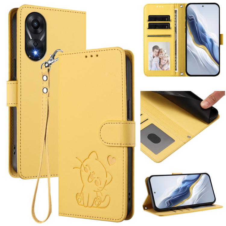 Embossed Heart Cat Leather Phone Case with Hand Strap, For OPPO A58 4G Global, For OPPO Reno10 / Reno10 Pro 5G Global, For OPPO A78 4G Global, For OPPO A98 5G / F23 5G India