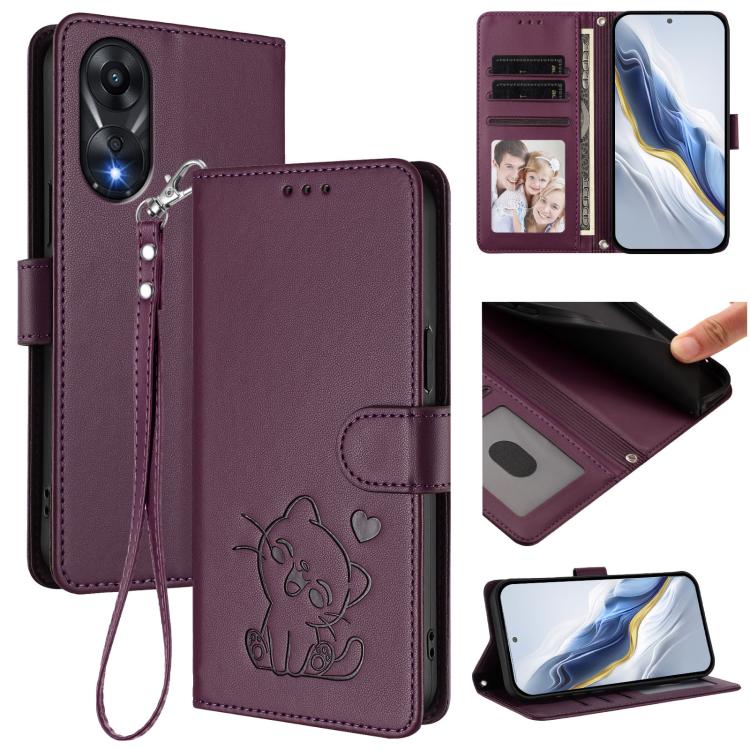 Embossed Heart Cat Leather Phone Case with Hand Strap, For OPPO A58 4G Global, For OPPO Reno10 / Reno10 Pro 5G Global, For OPPO A78 4G Global, For OPPO A98 5G / F23 5G India