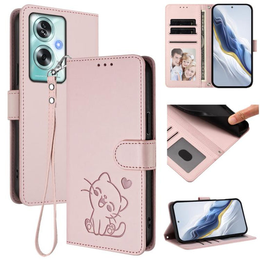 Embossed Heart Cat Leather Phone Case with Hand Strap, For OPPO A79 5G Global, For OPPO A5x 5G / 4G Global, For OPPO A5 5G / A3 Pro 5G Global, For OPPO Reno14 Pro 5G
