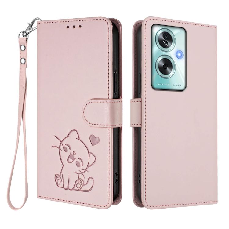 Embossed Heart Cat Leather Phone Case with Hand Strap, For OPPO A79 5G Global, For OPPO A5x 5G / 4G Global, For OPPO A5 5G / A3 Pro 5G Global, For OPPO Reno14 Pro 5G