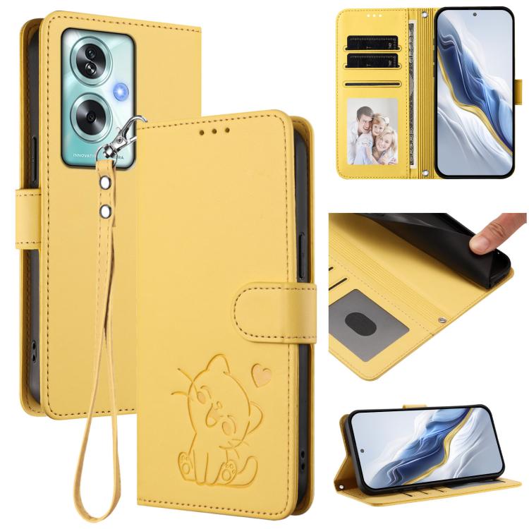 Embossed Heart Cat Leather Phone Case with Hand Strap, For OPPO A79 5G Global, For OPPO A5x 5G / 4G Global, For OPPO A5 5G / A3 Pro 5G Global, For OPPO Reno14 Pro 5G