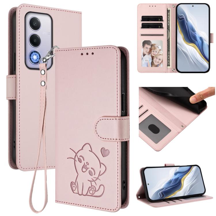 Embossed Heart Cat Leather Phone Case with Hand Strap, For OPPO Reno13 F 5G Global / 4G India, For OPPO A3x / A3 / A60 5G Global, For OPPO Find X8 5G, For OPPO A80 5G EU / K12x 5G Global