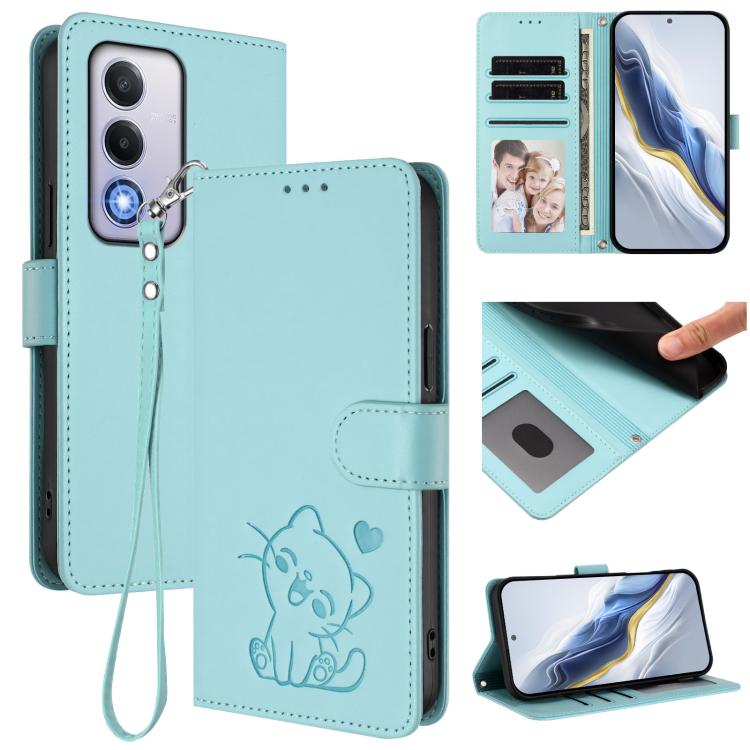 Embossed Heart Cat Leather Phone Case with Hand Strap, For OPPO Reno13 F 5G Global / 4G India, For OPPO A3x / A3 / A60 5G Global, For OPPO Find X8 5G, For OPPO A80 5G EU / K12x 5G Global