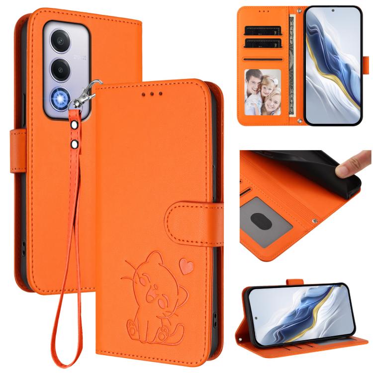 Embossed Heart Cat Leather Phone Case with Hand Strap, For OPPO Reno13 F 5G Global / 4G India, For OPPO A3x / A3 / A60 5G Global, For OPPO Find X8 5G, For OPPO A80 5G EU / K12x 5G Global