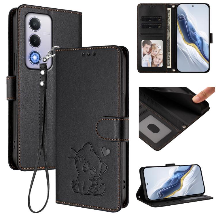 Embossed Heart Cat Leather Phone Case with Hand Strap, For OPPO Reno13 F 5G Global / 4G India, For OPPO A3x / A3 / A60 5G Global, For OPPO Find X8 5G, For OPPO A80 5G EU / K12x 5G Global