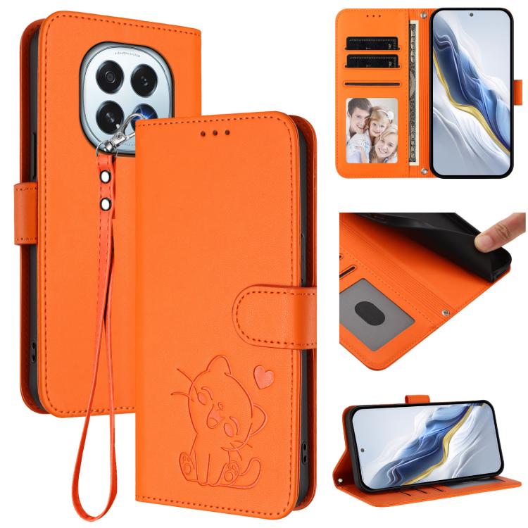 Embossed Heart Cat Leather Phone Case with Hand Strap, For OPPO F29 Pro 5G Global, For OPPO F29 5G Global, For OPPO Reno13 Pro 5G Global, For OPPO Reno13 5G Global