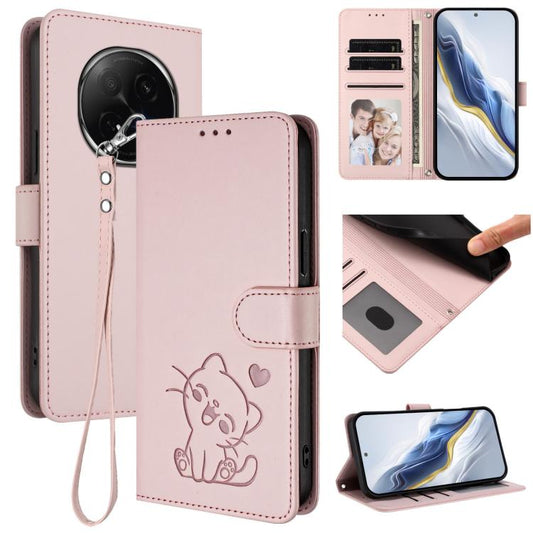 Embossed Heart Cat Leather Phone Case with Hand Strap, For OPPO F29 Pro 5G Global, For OPPO F29 5G Global, For OPPO Reno13 Pro 5G Global, For OPPO Reno13 5G Global