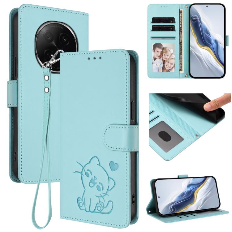 Embossed Heart Cat Leather Phone Case with Hand Strap, For OPPO F29 Pro 5G Global, For OPPO F29 5G Global, For OPPO Reno13 Pro 5G Global, For OPPO Reno13 5G Global