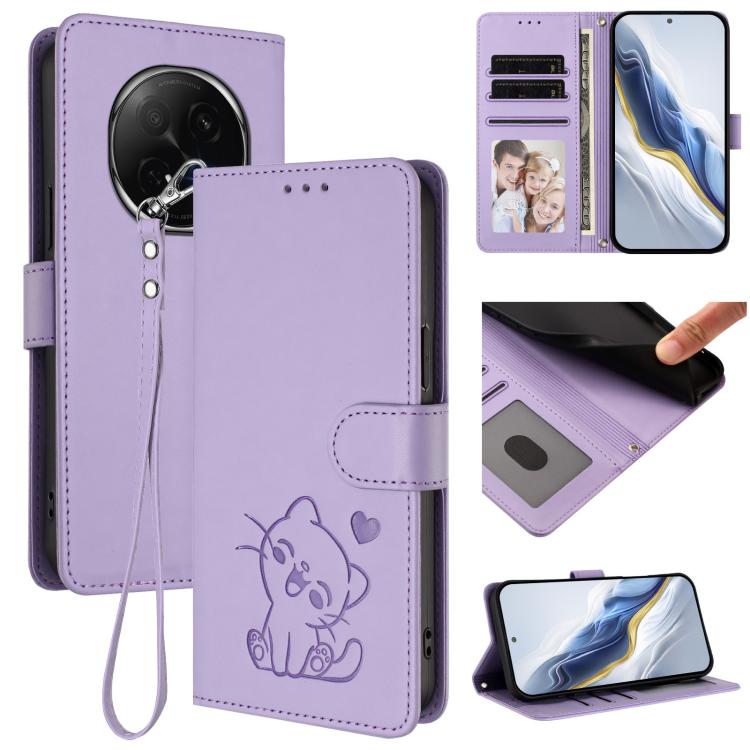 Embossed Heart Cat Leather Phone Case with Hand Strap, For OPPO F29 Pro 5G Global, For OPPO F29 5G Global, For OPPO Reno13 Pro 5G Global, For OPPO Reno13 5G Global