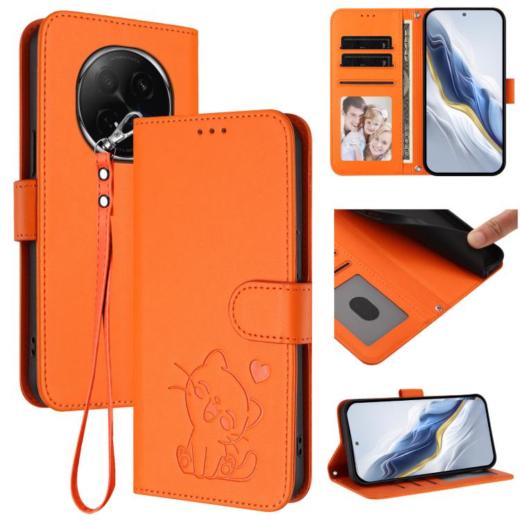 Embossed Heart Cat Leather Phone Case with Hand Strap, For OPPO F29 Pro 5G Global, For OPPO F29 5G Global, For OPPO Reno13 Pro 5G Global, For OPPO Reno13 5G Global