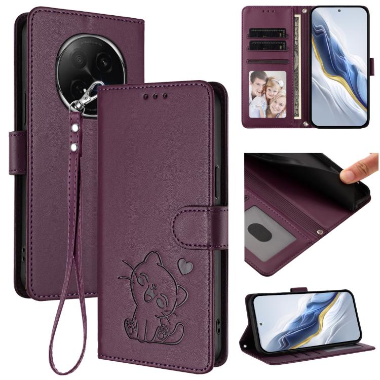 Embossed Heart Cat Leather Phone Case with Hand Strap, For OPPO F29 Pro 5G Global, For OPPO F29 5G Global, For OPPO Reno13 Pro 5G Global, For OPPO Reno13 5G Global