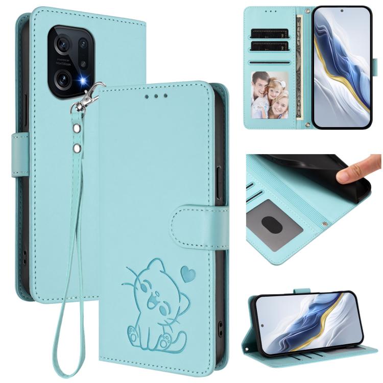 Embossed Heart Cat Leather Phone Case with Hand Strap, For OPPO Reno8 5G, For OPPO A36 / A76 / A96 / K10 4G, For OPPO Find X5 Pro, For OPPO Find X5