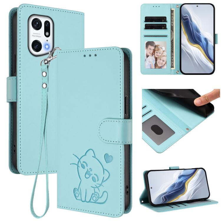 Embossed Heart Cat Leather Phone Case with Hand Strap, For OPPO Reno8 5G, For OPPO A36 / A76 / A96 / K10 4G, For OPPO Find X5 Pro, For OPPO Find X5