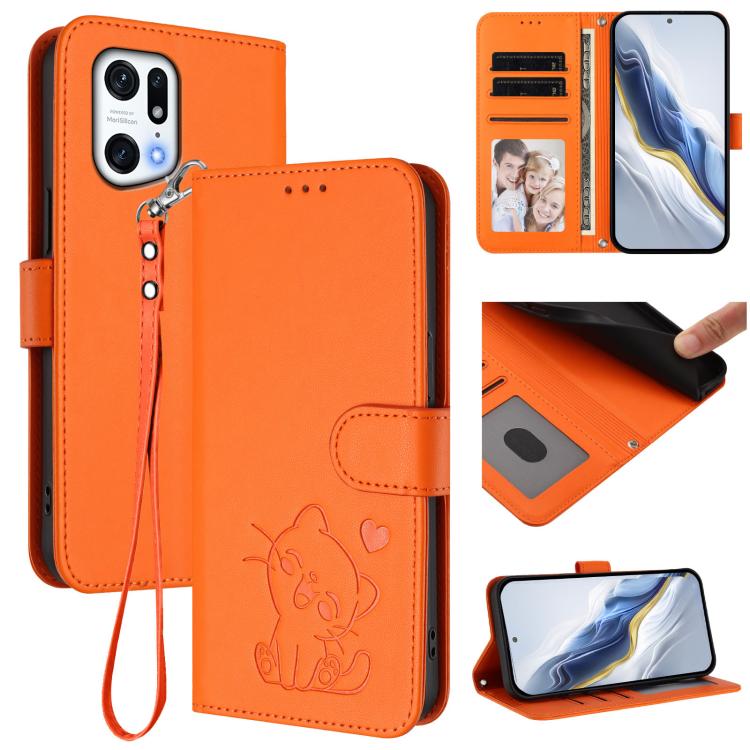 Embossed Heart Cat Leather Phone Case with Hand Strap, For OPPO Reno8 5G, For OPPO A36 / A76 / A96 / K10 4G, For OPPO Find X5 Pro, For OPPO Find X5