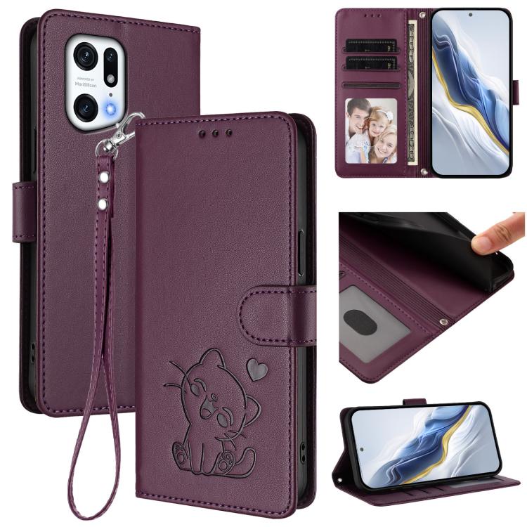 Embossed Heart Cat Leather Phone Case with Hand Strap, For OPPO Reno8 5G, For OPPO A36 / A76 / A96 / K10 4G, For OPPO Find X5 Pro, For OPPO Find X5