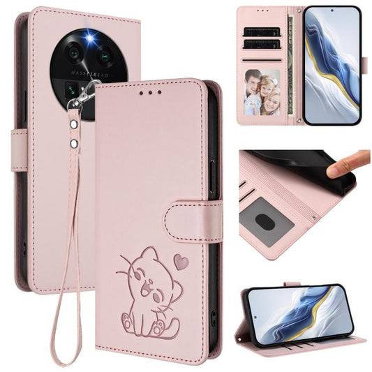 Embossed Heart Cat Leather Phone Case with Hand Strap, For OPPO Find X6 5G, For OPPO Reno8 T 5G Global / A1 Pro 5G, For OPPO Reno8 4G / Reno7 4G Global, For OPPO A57 / A77 / A57s 4G Global
