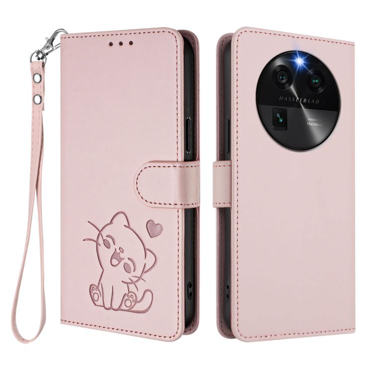 Embossed Heart Cat Leather Phone Case with Hand Strap, For OPPO Find X6 5G, For OPPO Reno8 T 5G Global / A1 Pro 5G, For OPPO Reno8 4G / Reno7 4G Global, For OPPO A57 / A77 / A57s 4G Global