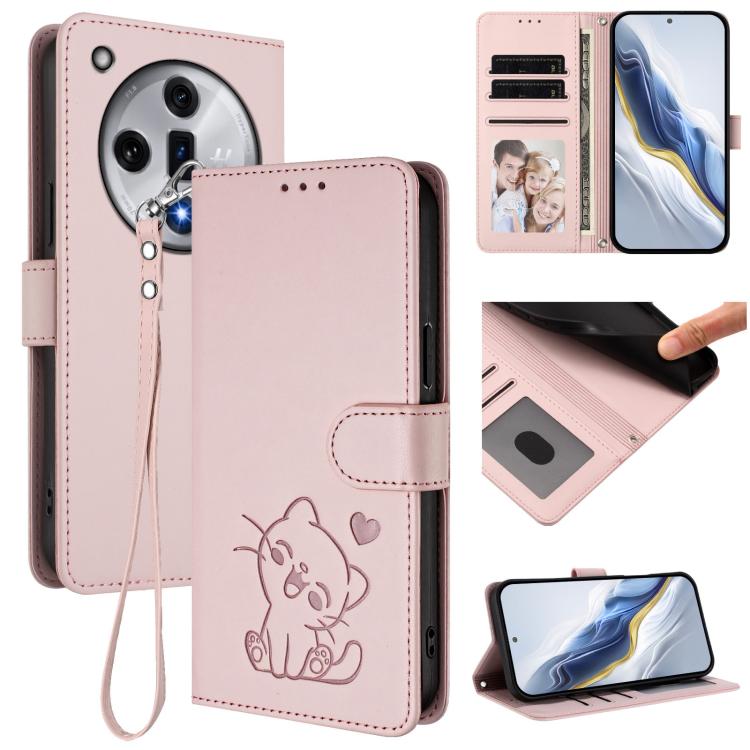 Embossed Heart Cat Leather Phone Case with Hand Strap, For OPPO A60 4G Global, For OPPO Reno11 F 5G Global, For OPPO Find X7, For OPPO Reno11 5G Global