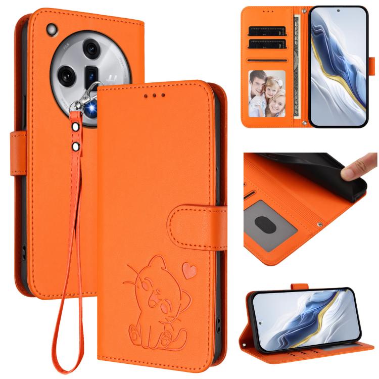 Embossed Heart Cat Leather Phone Case with Hand Strap, For OPPO A60 4G Global, For OPPO Reno11 F 5G Global, For OPPO Find X7, For OPPO Reno11 5G Global