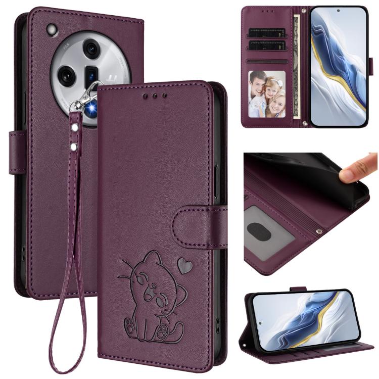 Embossed Heart Cat Leather Phone Case with Hand Strap, For OPPO A60 4G Global, For OPPO Reno11 F 5G Global, For OPPO Find X7, For OPPO Reno11 5G Global