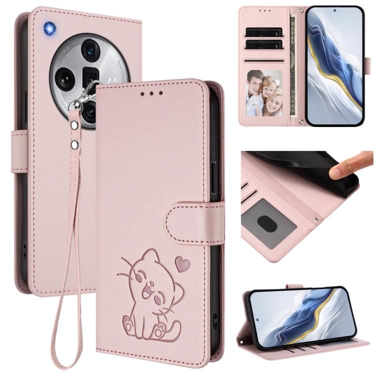 Embossed Heart Cat Leather Phone Case with Hand Strap, For OPPO Reno11 Pro 5G Global, For OPPO Find X7 Ultra, For OPPO A18 4G Global / A38 4G, For OPPO Reno9 A