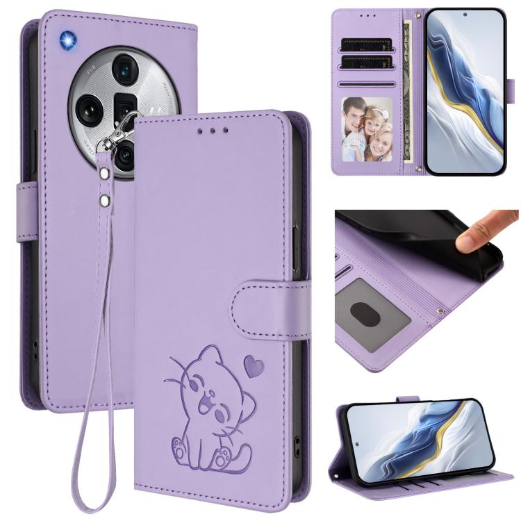 Embossed Heart Cat Leather Phone Case with Hand Strap, For OPPO Reno11 Pro 5G Global, For OPPO Find X7 Ultra, For OPPO A18 4G Global / A38 4G, For OPPO Reno9 A