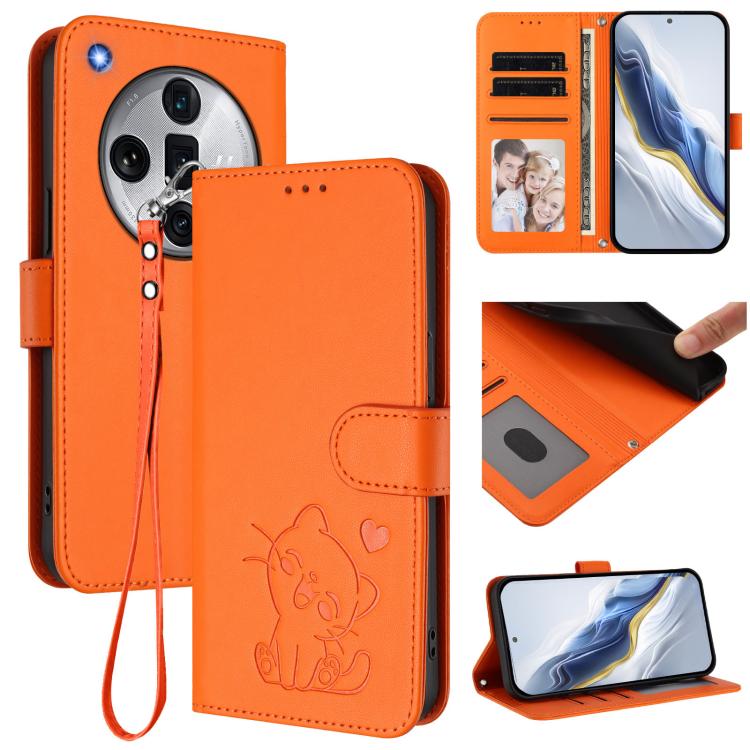 Embossed Heart Cat Leather Phone Case with Hand Strap, For OPPO Reno11 Pro 5G Global, For OPPO Find X7 Ultra, For OPPO A18 4G Global / A38 4G, For OPPO Reno9 A