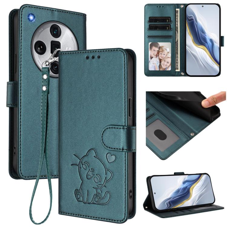 Embossed Heart Cat Leather Phone Case with Hand Strap, For OPPO Reno11 Pro 5G Global, For OPPO Find X7 Ultra, For OPPO A18 4G Global / A38 4G, For OPPO Reno9 A