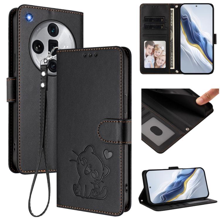 Embossed Heart Cat Leather Phone Case with Hand Strap, For OPPO Reno11 Pro 5G Global, For OPPO Find X7 Ultra, For OPPO A18 4G Global / A38 4G, For OPPO Reno9 A