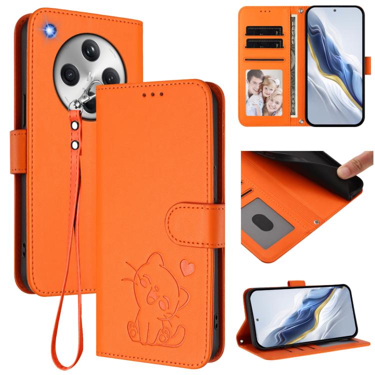Embossed Heart Cat Leather Phone Case with Hand Strap, For OPPO Reno13 F 5G Global / 4G India, For OPPO A3x / A3 / A60 5G Global, For OPPO Find X8 5G, For OPPO A80 5G EU / K12x 5G Global