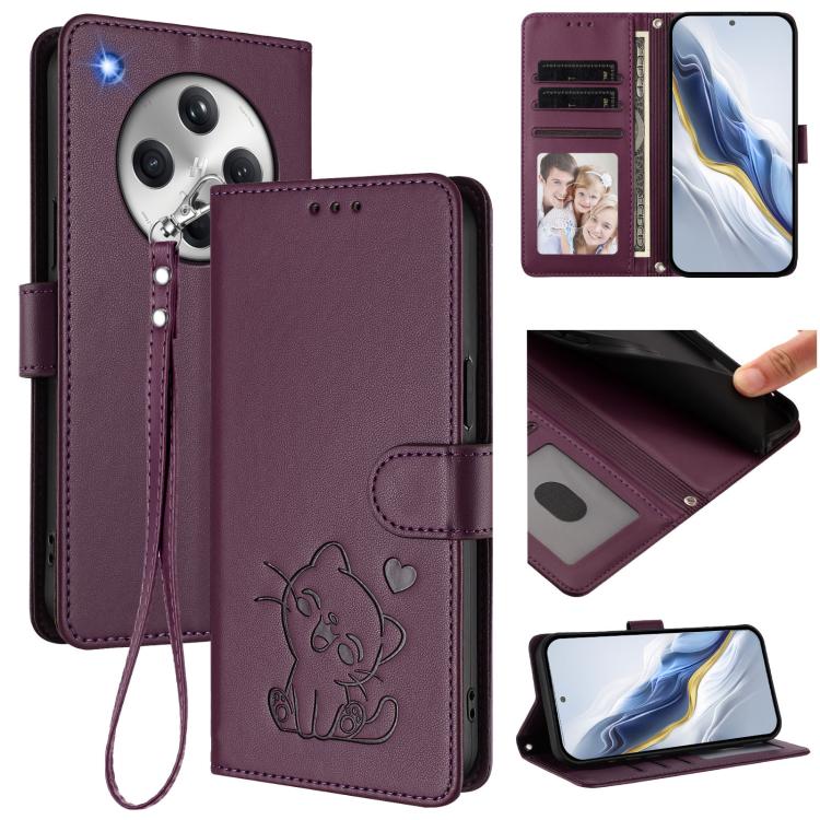Embossed Heart Cat Leather Phone Case with Hand Strap, For OPPO Reno13 F 5G Global / 4G India, For OPPO A3x / A3 / A60 5G Global, For OPPO Find X8 5G, For OPPO A80 5G EU / K12x 5G Global