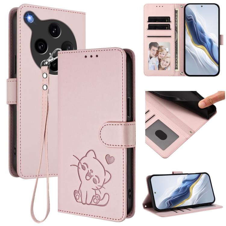 Embossed Heart Cat Leather Phone Case with Hand Strap, For OPPO Find X8s+ 5G, For OPPO Find X8s 5G, For OPPO Find X8 Ultra 5G, For OPPO A5 Pro 5G / 4G Global
