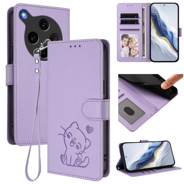 Embossed Heart Cat Leather Phone Case with Hand Strap, For OPPO Find X8s+ 5G, For OPPO Find X8s 5G, For OPPO Find X8 Ultra 5G, For OPPO A5 Pro 5G / 4G Global
