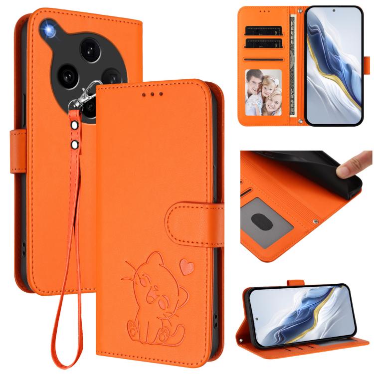 Embossed Heart Cat Leather Phone Case with Hand Strap, For OPPO Find X8s+ 5G, For OPPO Find X8s 5G, For OPPO Find X8 Ultra 5G, For OPPO A5 Pro 5G / 4G Global