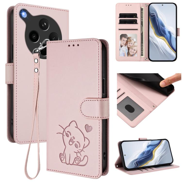 Embossed Heart Cat Leather Phone Case with Hand Strap, For OPPO Find X8s+ 5G, For OPPO Find X8s 5G, For OPPO Find X8 Ultra 5G, For OPPO A5 Pro 5G / 4G Global
