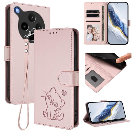 Embossed Heart Cat Leather Phone Case with Hand Strap, For OPPO Find X8s+ 5G, For OPPO Find X8s 5G, For OPPO Find X8 Ultra 5G, For OPPO A5 Pro 5G / 4G Global