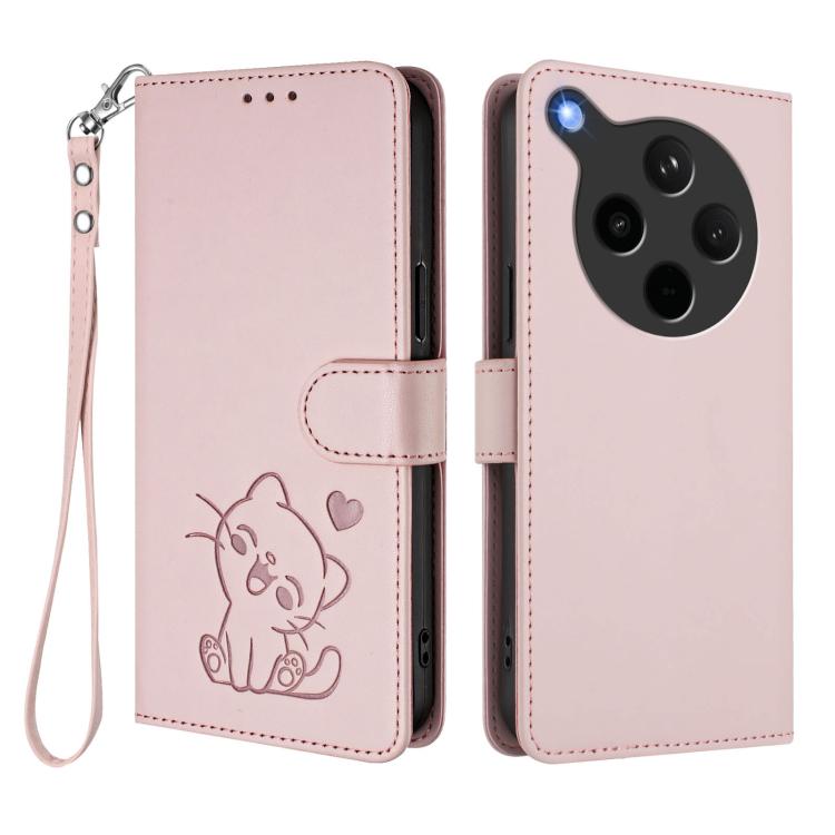 Embossed Heart Cat Leather Phone Case with Hand Strap, For OPPO Find X8s+ 5G, For OPPO Find X8s 5G, For OPPO Find X8 Ultra 5G, For OPPO A5 Pro 5G / 4G Global