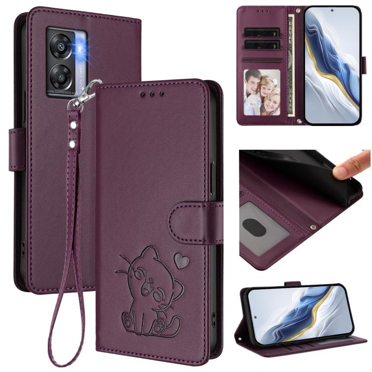 Embossed Heart Cat Leather Phone Case with Hand Strap, For OPPO Reno9 / Reno9 Pro 5G, For OPPO A17 4G Global / A17k, For OPPO K10 / A77 / A97 5G Global, For OPPO Reno8 Pro 5G