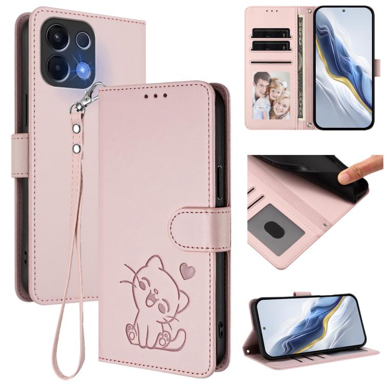 Embossed Heart Cat Leather Phone Case with Hand Strap, For OPPO A6 GT 5G, For OPPO K13 India, For OPPO K13 Turbo 5G, For OPPO Reno14 F 5G / Reno14 5G