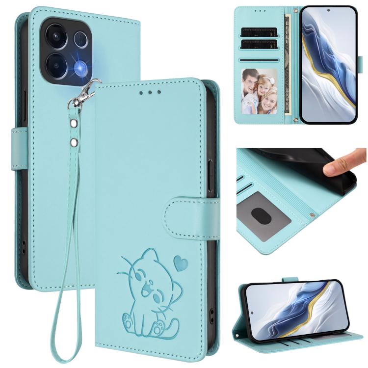 Embossed Heart Cat Leather Phone Case with Hand Strap, For OPPO A6 GT 5G, For OPPO K13 India, For OPPO K13 Turbo 5G, For OPPO Reno14 F 5G / Reno14 5G