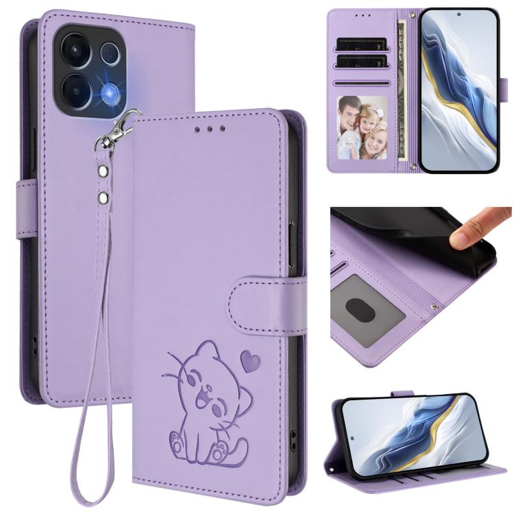 Embossed Heart Cat Leather Phone Case with Hand Strap, For OPPO A6 GT 5G, For OPPO K13 India, For OPPO K13 Turbo 5G, For OPPO Reno14 F 5G / Reno14 5G