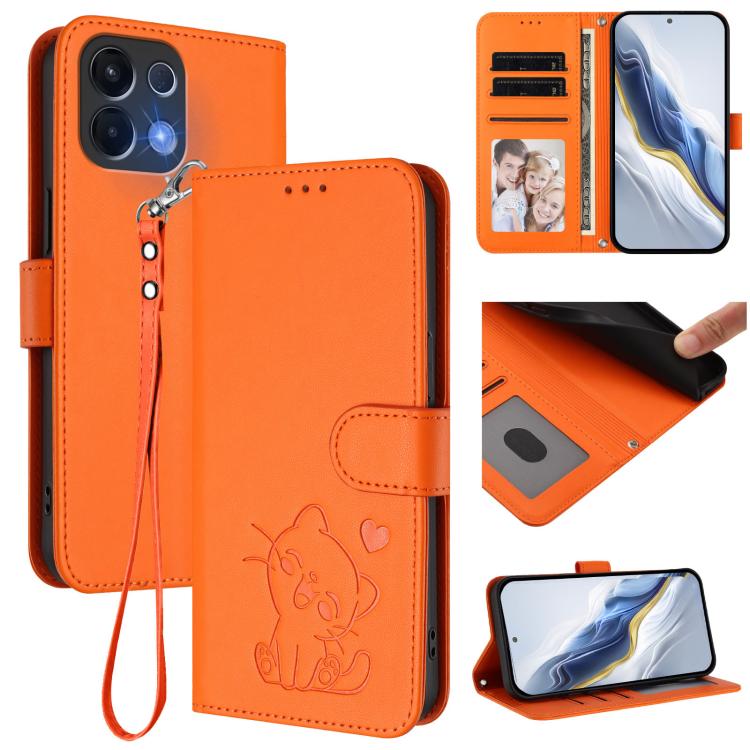 Embossed Heart Cat Leather Phone Case with Hand Strap, For OPPO A6 GT 5G, For OPPO K13 India, For OPPO K13 Turbo 5G, For OPPO Reno14 F 5G / Reno14 5G